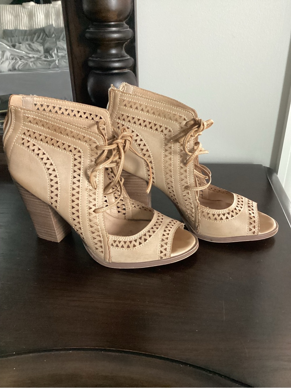 Restricted Laser Cut Leather Tan Lace-Up Peep-Toe Heeled Booties